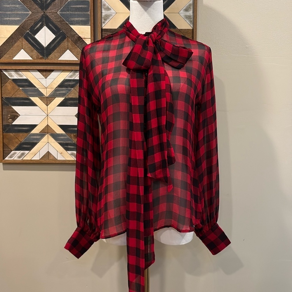 Vintage Ralph Lauren Collection Silk Plaid Button-Up Top Blouse Red / Black 6